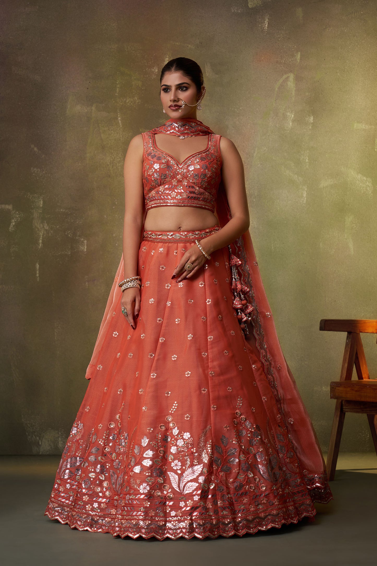Orange Organza Sequins & Gota Embroidery Bridesmaid Lehenga