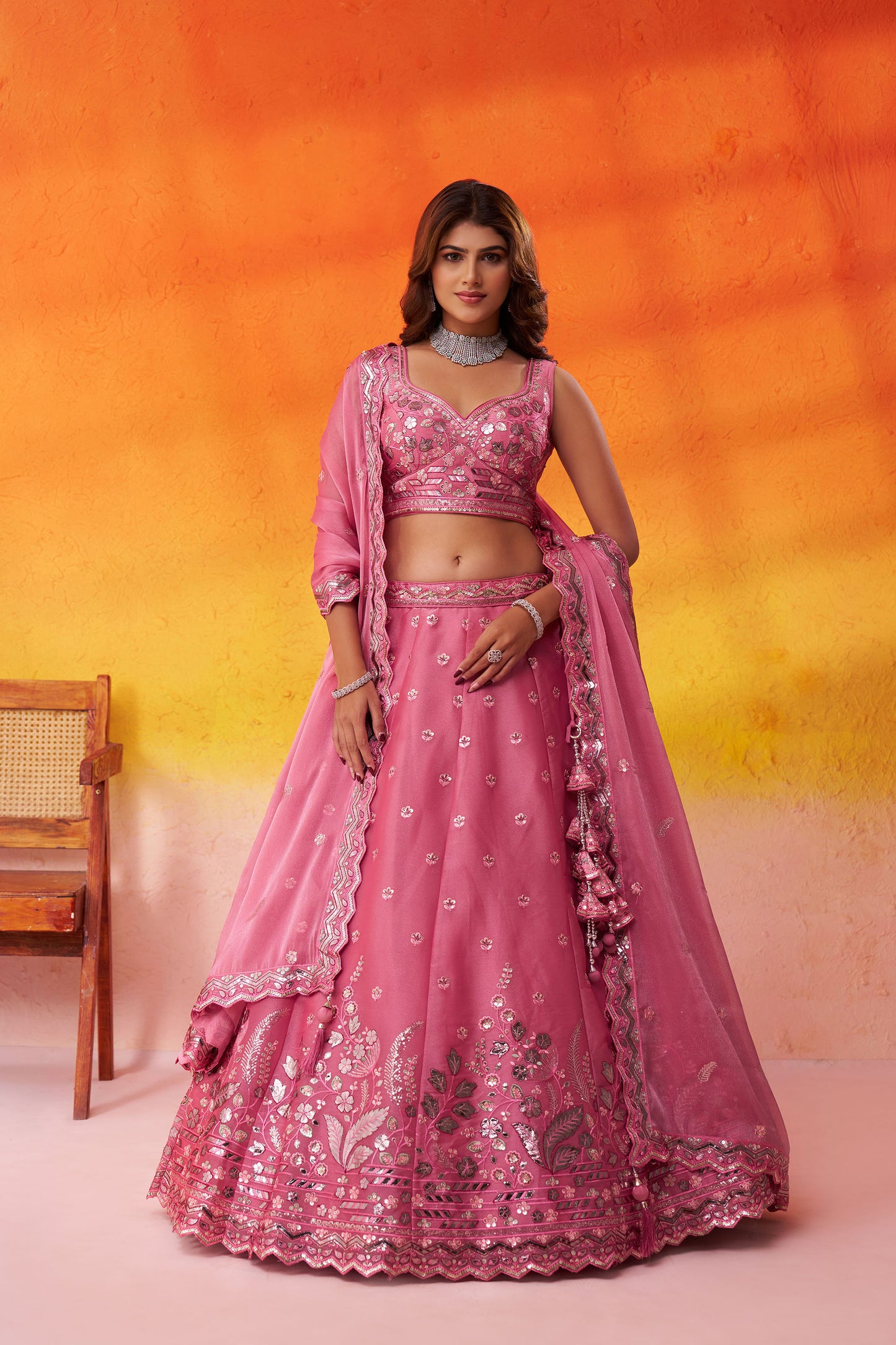 Pink Organza Sequins & Gota Embroidery Bridesmaid Lehenga