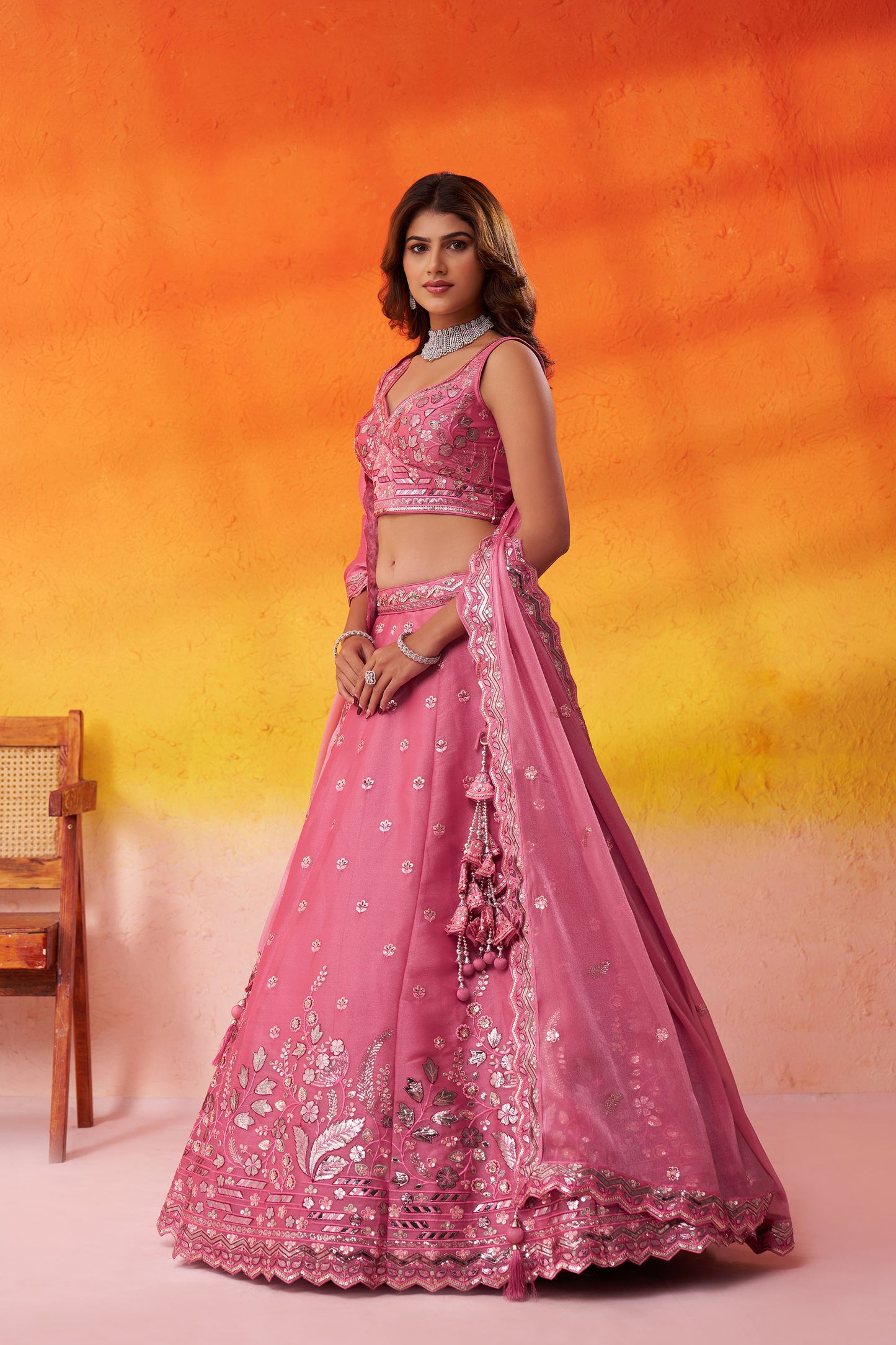Pink Organza Sequins & Gota Embroidery Bridesmaid Lehenga