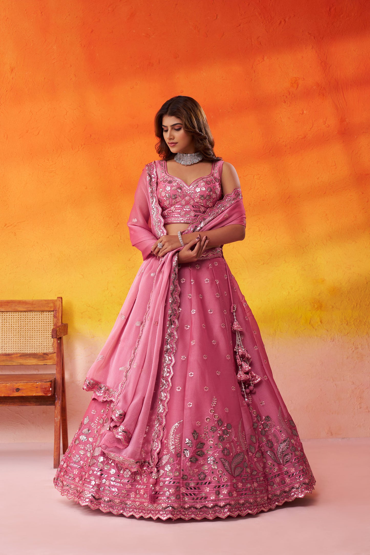 Pink Organza Sequins & Gota Embroidery Bridesmaid Lehenga