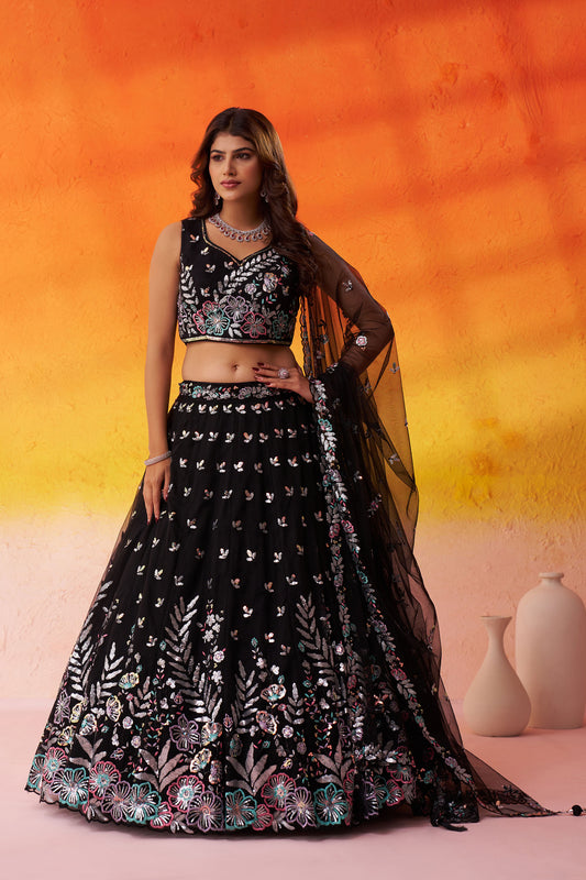 Black Net Sequins & Thread Embroidery Party Wear Lehenga