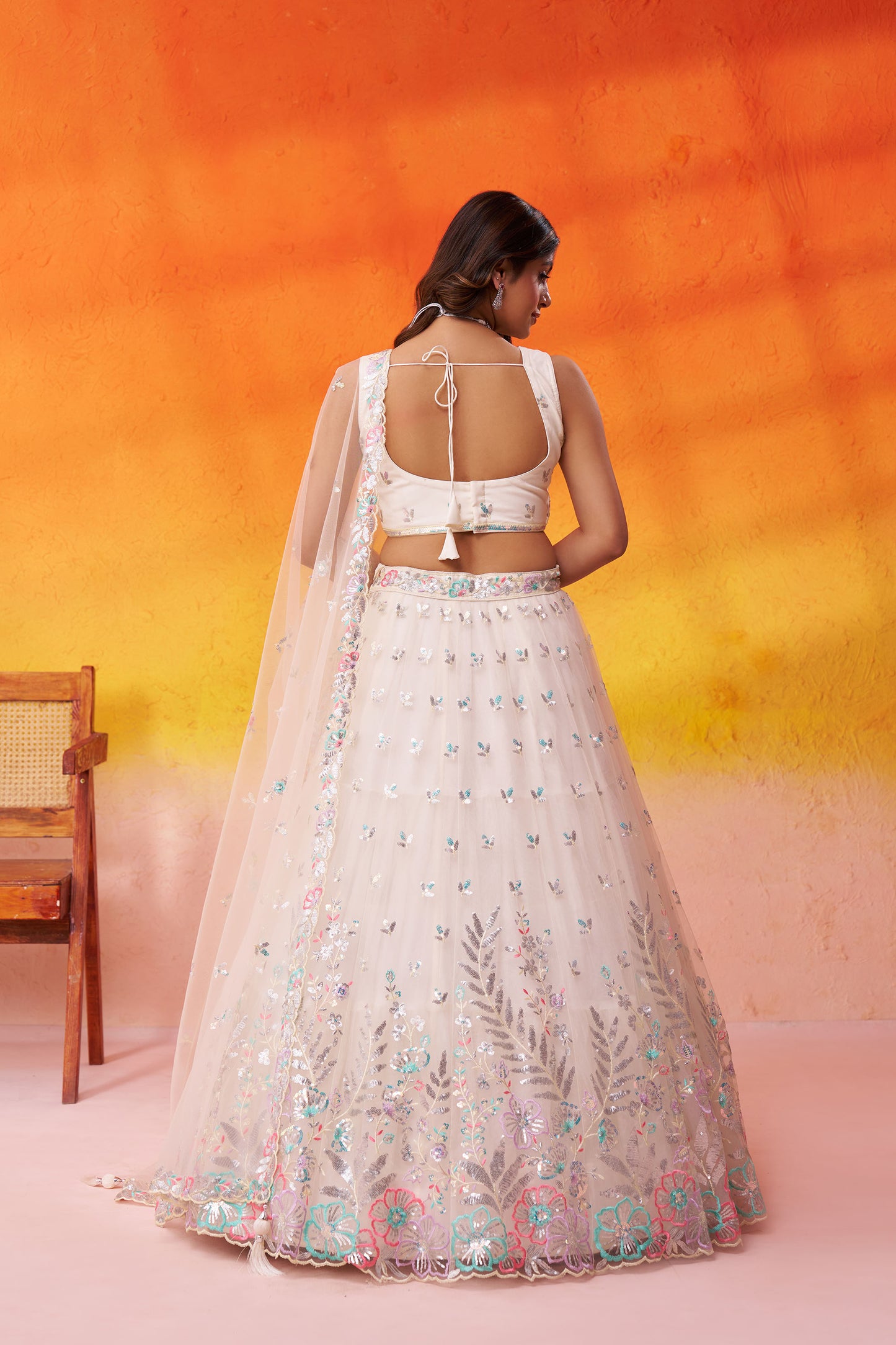 Cream Net Sequins & Thread Embroidery Bridesmaid Lehenga for Sangeet