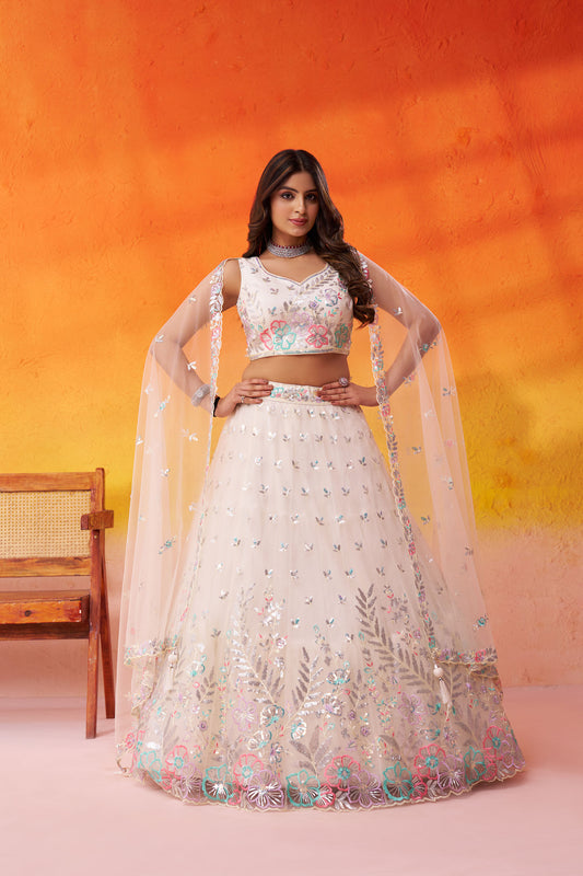 Cream Net Sequins & Thread Embroidery Bridesmaid Lehenga for Sangeet