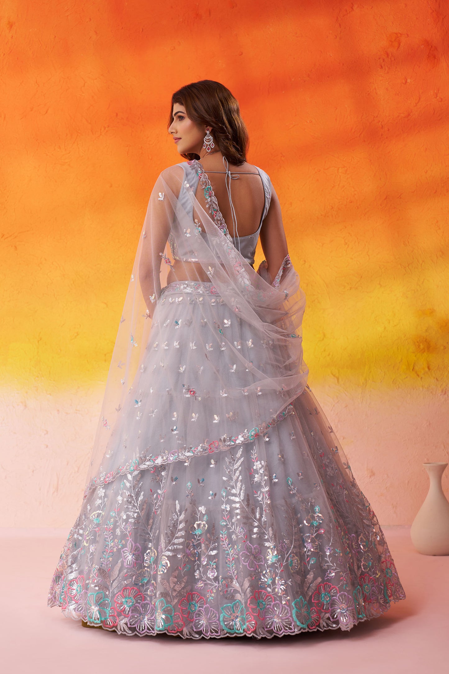 Grey Net Sequins & Thread Embroidery Bridesmaid Lehenga for Reception