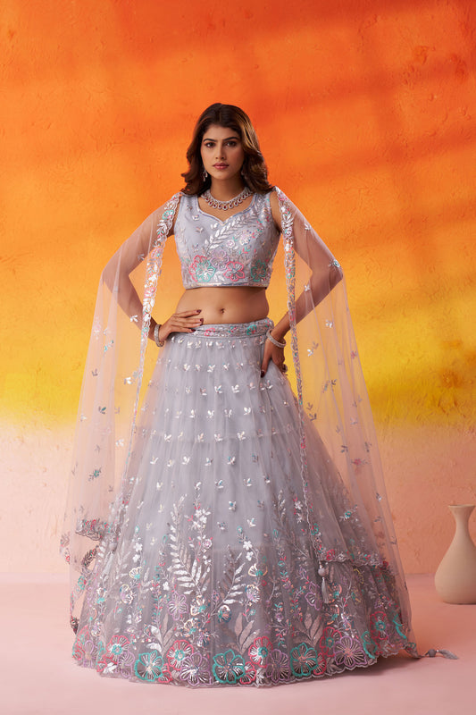 Grey Net Sequins & Thread Embroidery Bridesmaid Lehenga for Reception