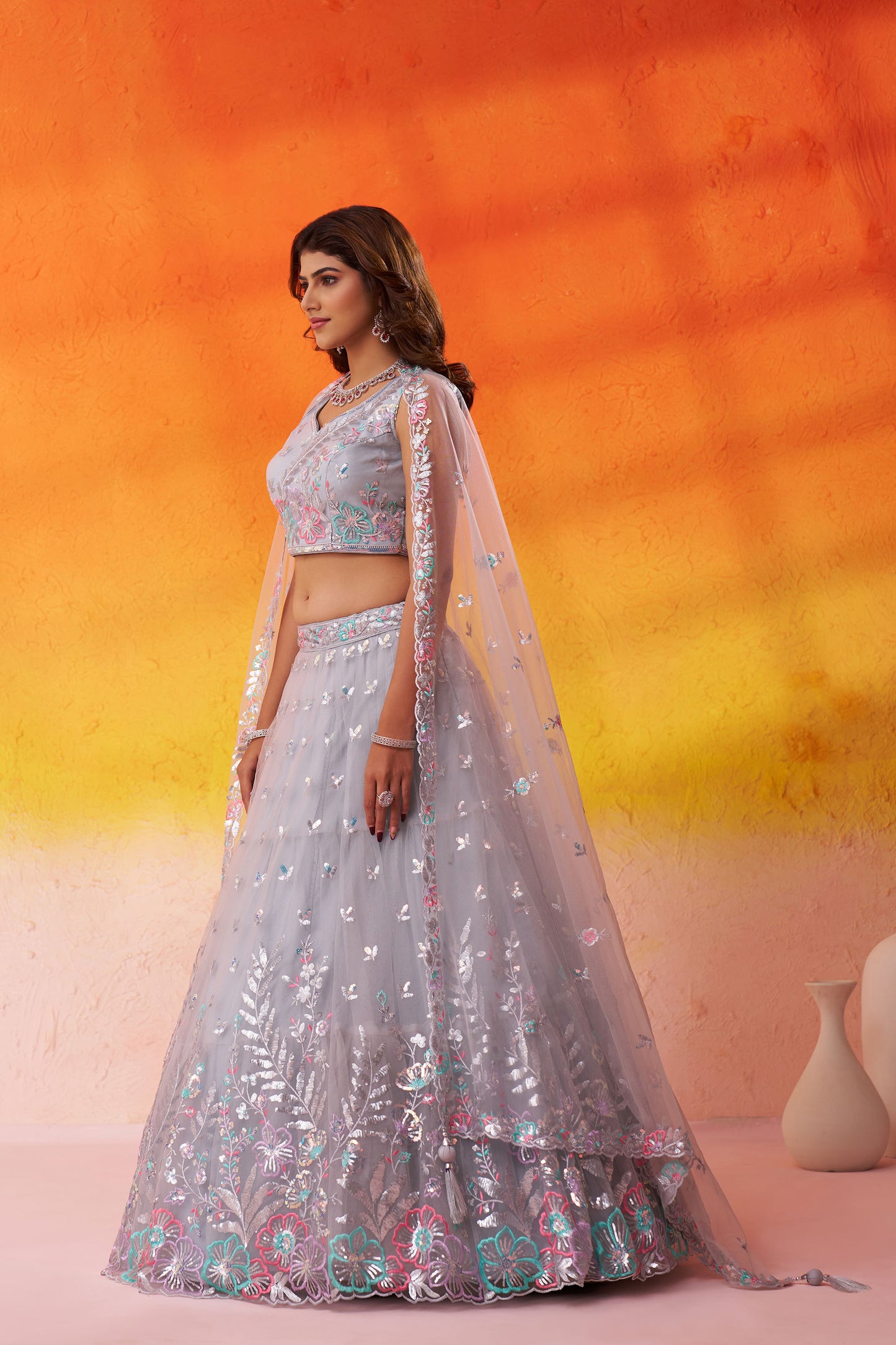 Grey Net Sequins & Thread Embroidery Bridesmaid Lehenga for Reception