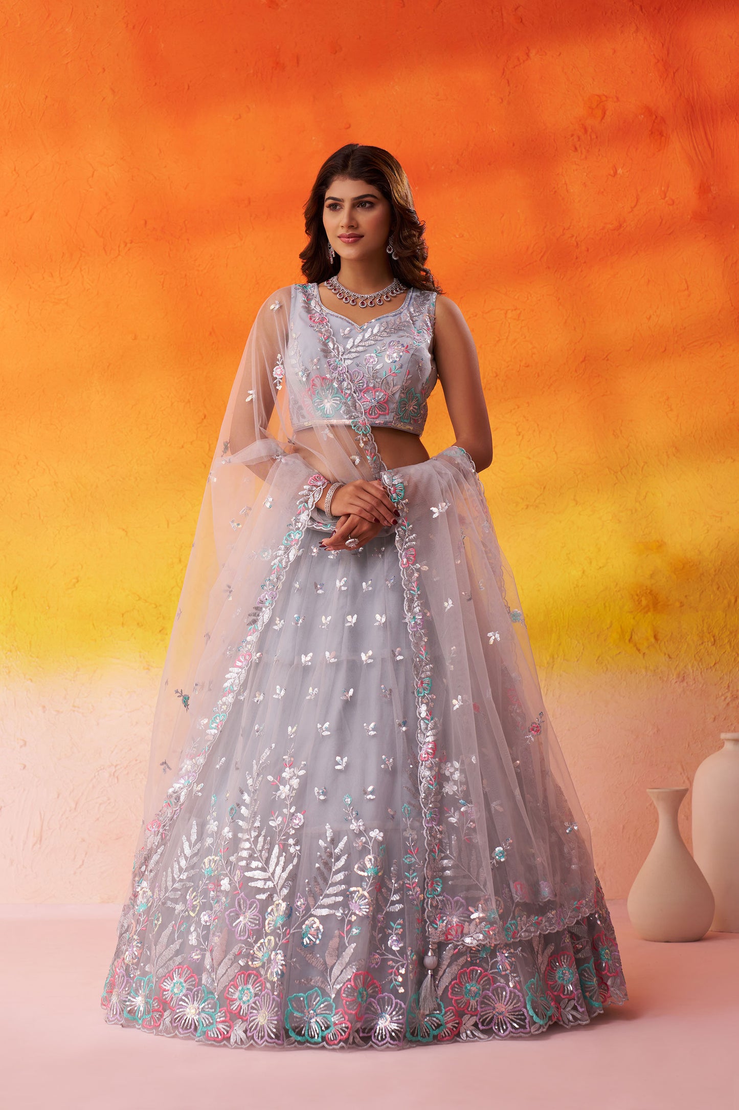 Grey Net Sequins & Thread Embroidery Bridesmaid Lehenga for Reception
