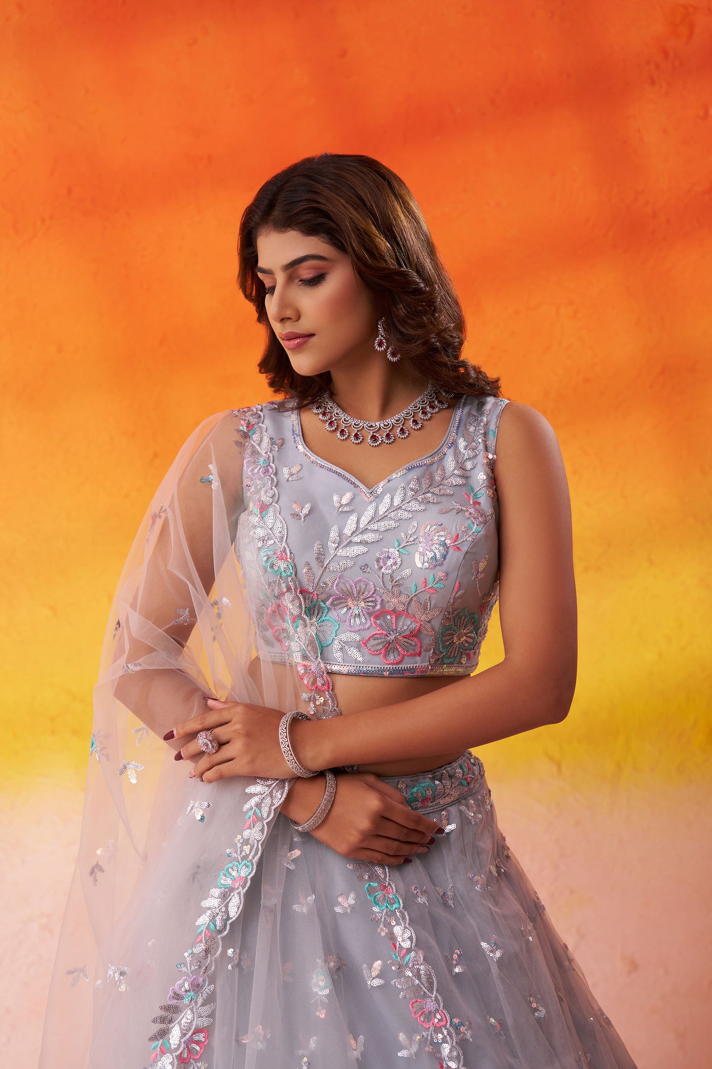 Grey Net Sequins & Thread Embroidery Bridesmaid Lehenga for Reception