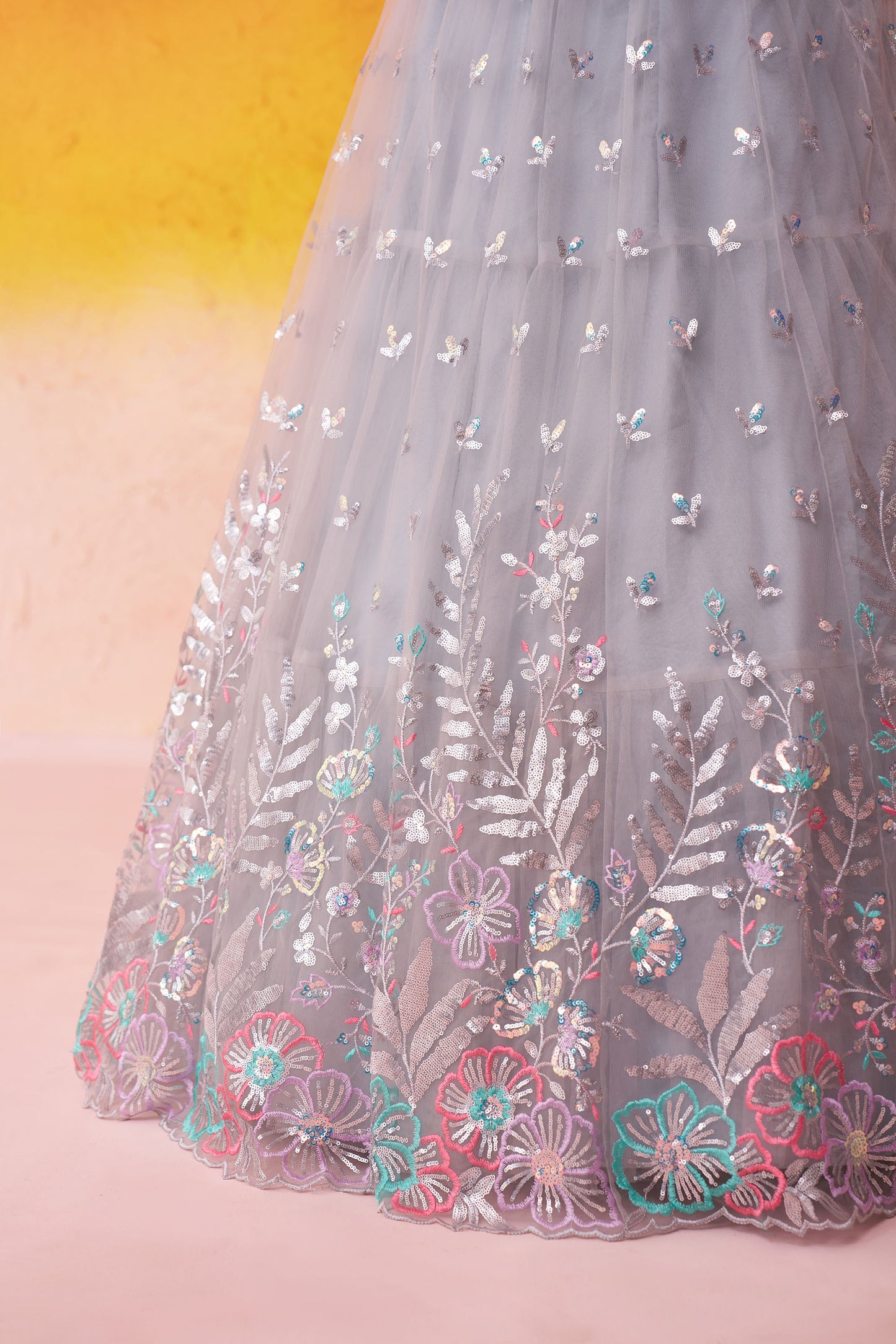 Grey Net Sequins & Thread Embroidery Bridesmaid Lehenga for Reception
