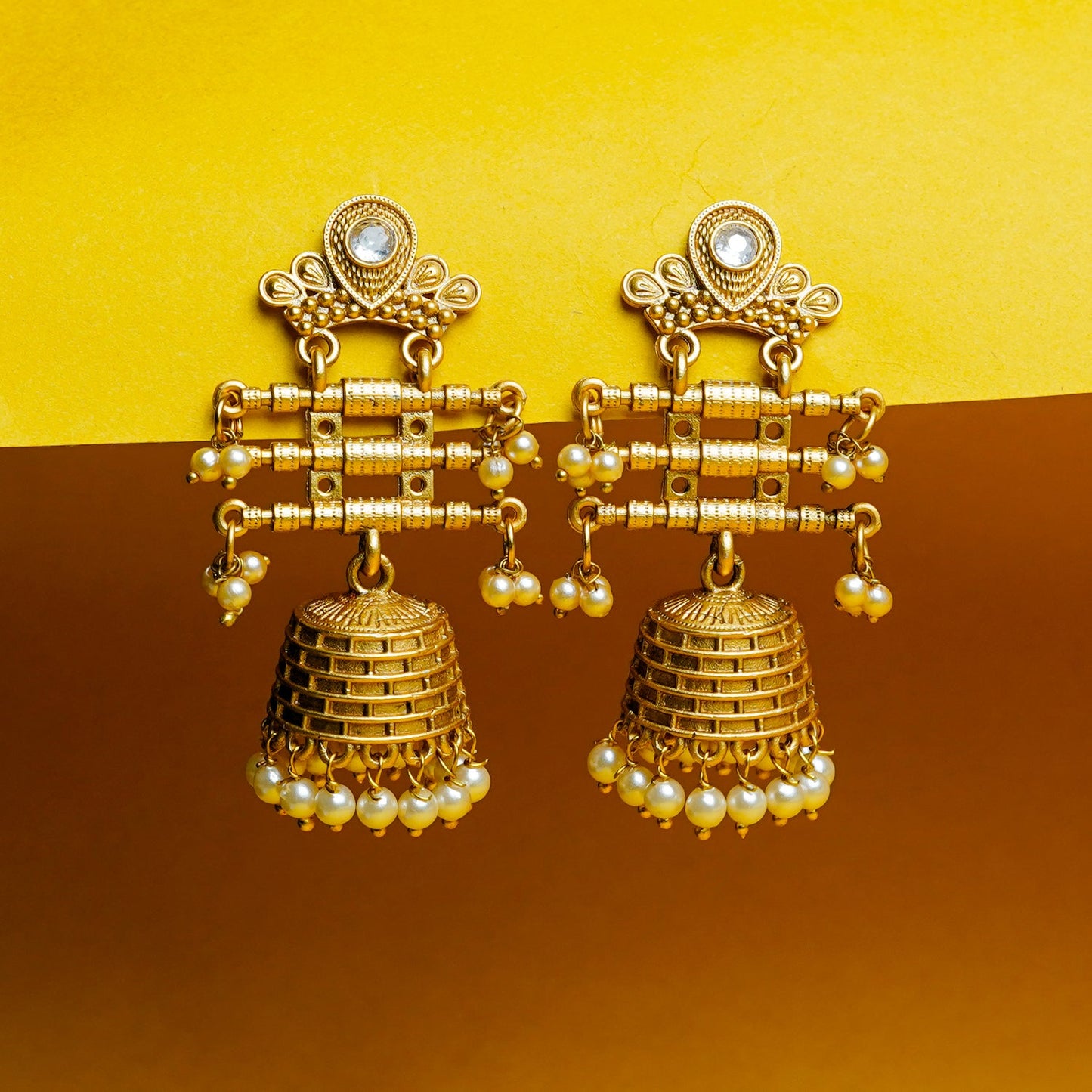 Zevar Club 18K Gold-Plated White Kundan Studded Layered Traditional Jhumka Earrings with Pearls
