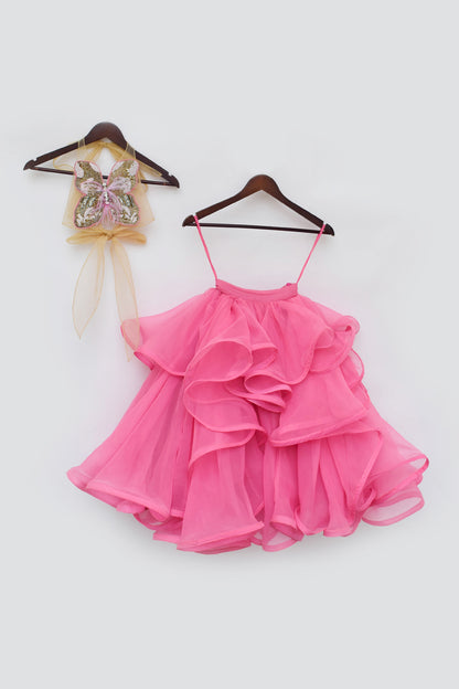 Pink Ruffel Skirt with Embroidered Butterfly Top