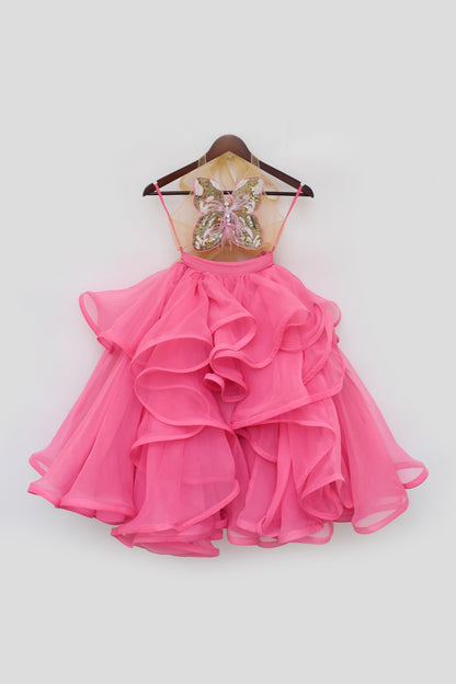 Pink Ruffel Skirt with Embroidered Butterfly Top