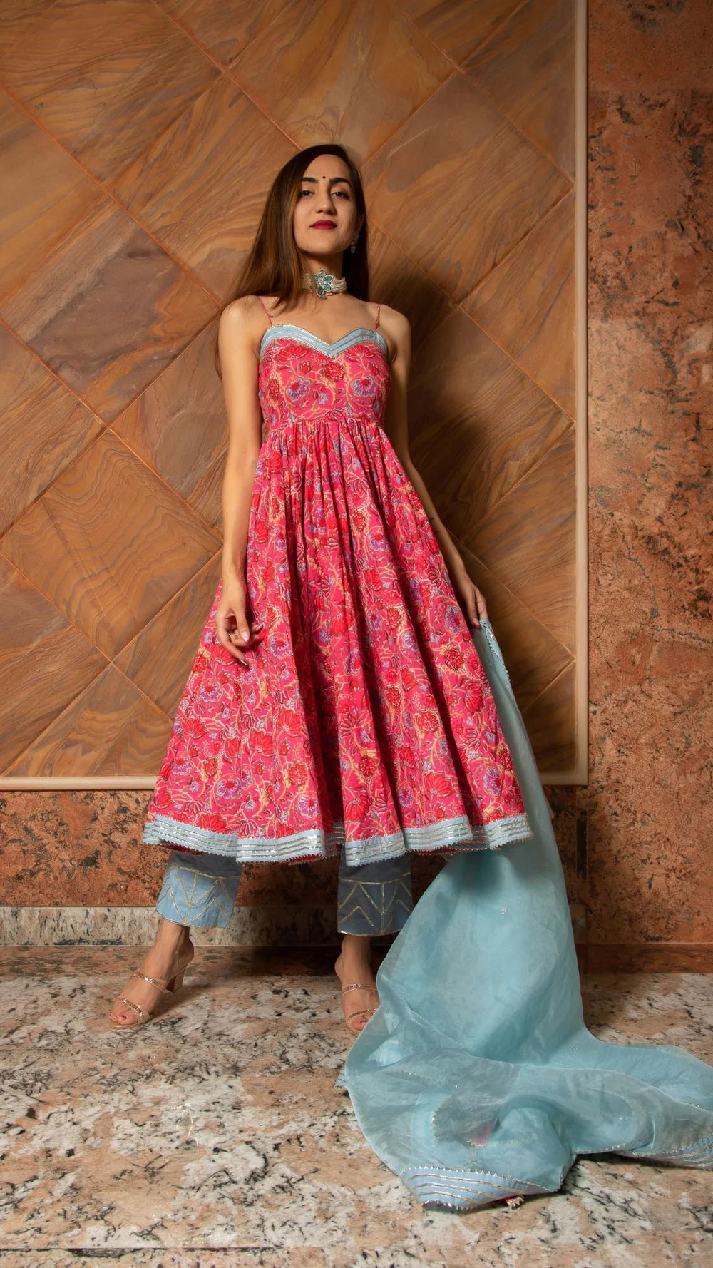 Ganguar adhya Floral Hand Block Pure Cotton Anarkali set