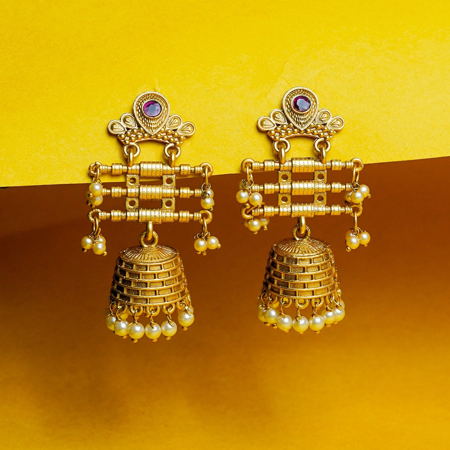 Zevar Club 18K Gold-Plated Red Kundan Studded Layered Traditional Jhumka Earrings with Pearls