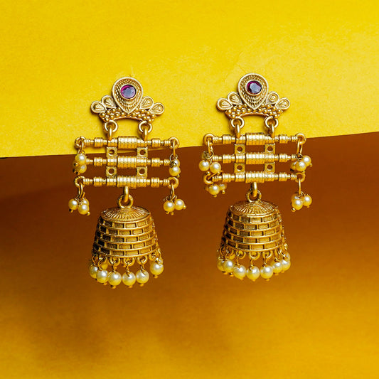 Zevar Club 18K Gold-Plated Red Kundan Studded Layered Traditional Jhumka Earrings with Pearls