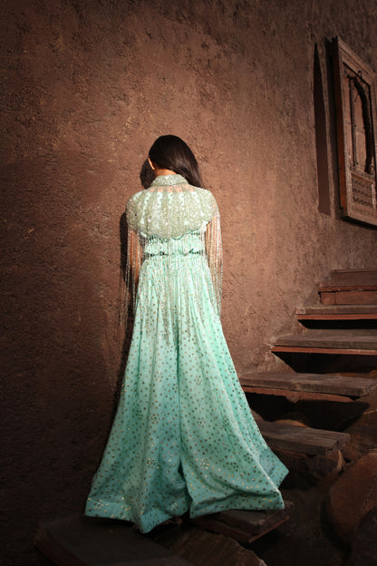 Aqua Crop Top with Pant and Embroidered Cape