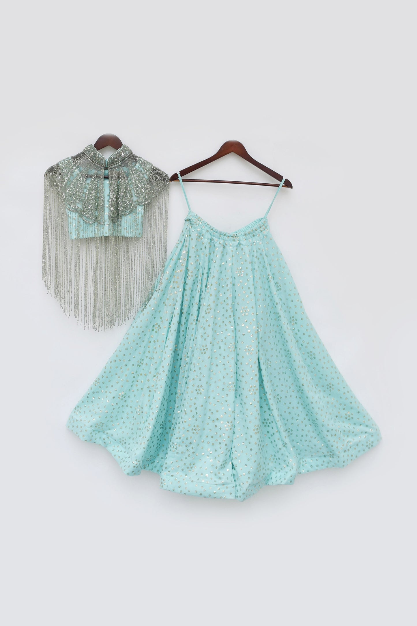 Aqua Crop Top with Pant and Embroidered Cape