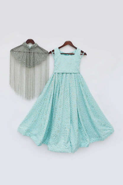 Aqua Crop Top with Pant and Embroidered Cape