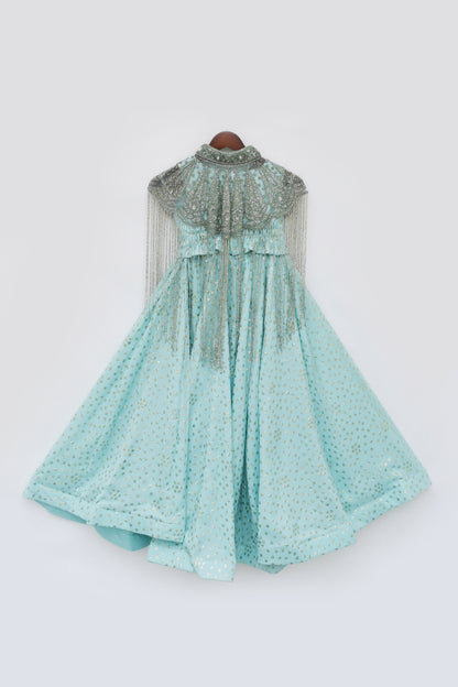 Aqua Crop Top with Pant and Embroidered Cape