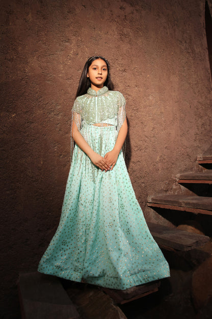 Aqua Crop Top with Pant and Embroidered Cape