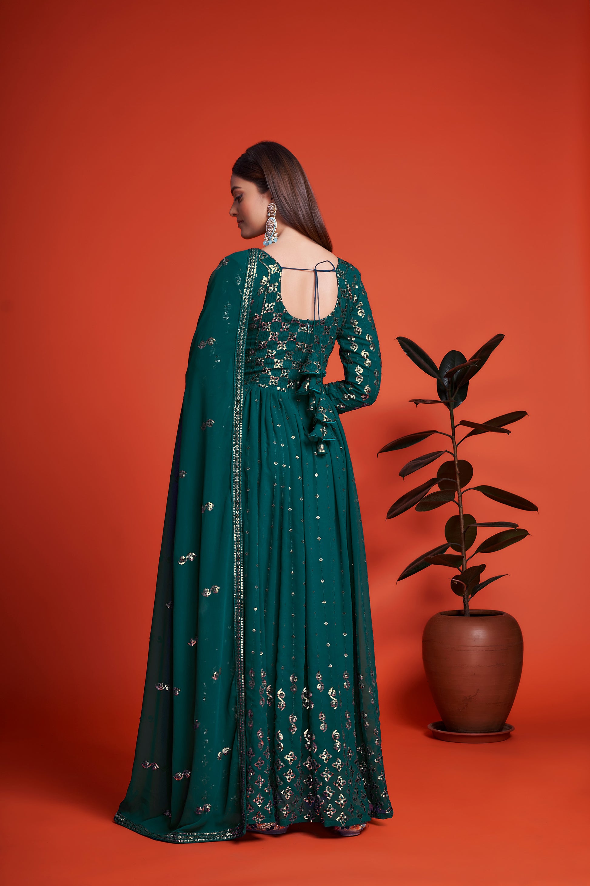 Rama Blue Sequins Embroidery Georgette Anarkali for Mehendi