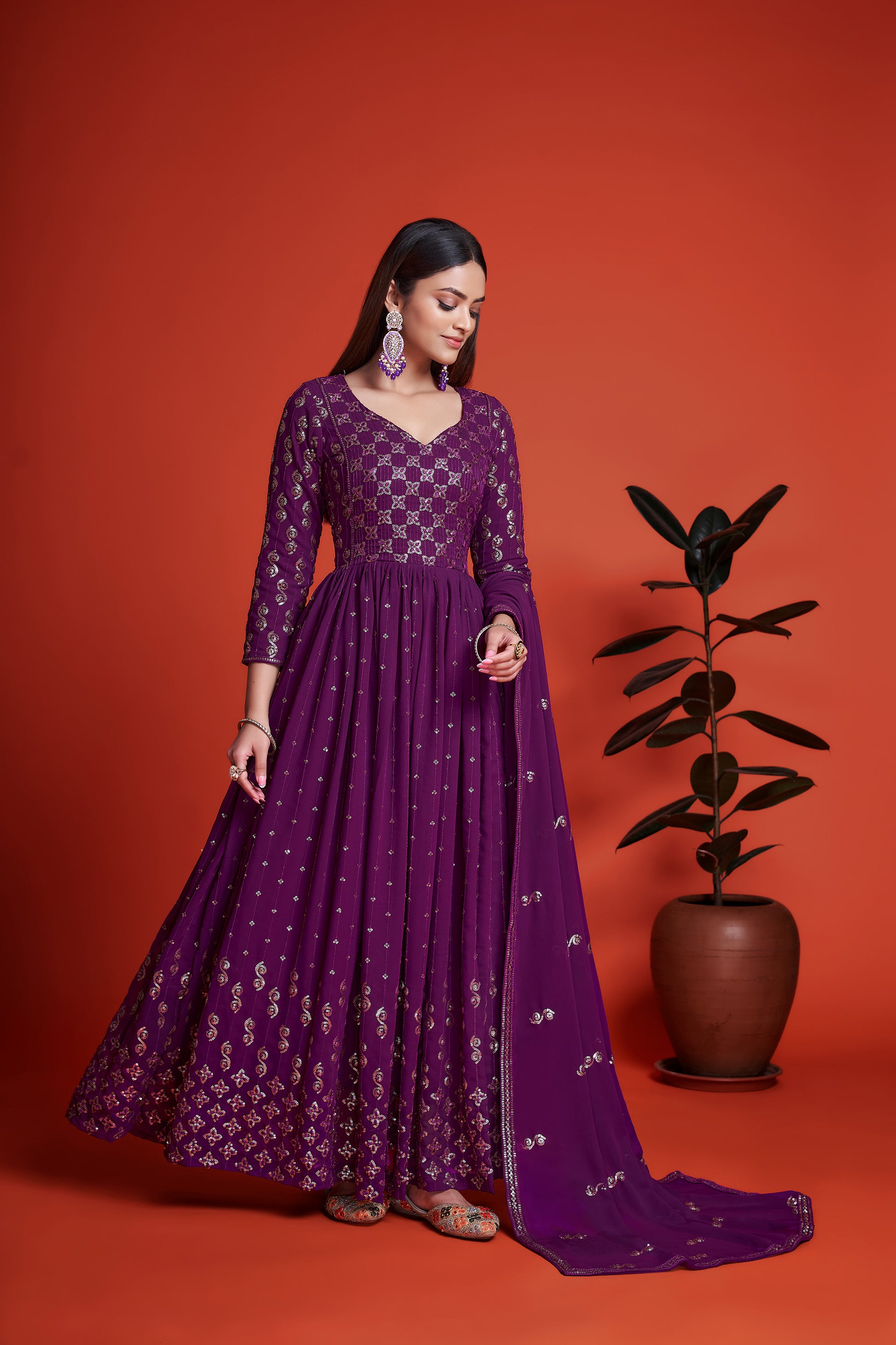 Purple Sequins Embroidery Georgette Anarkali for Mehendi