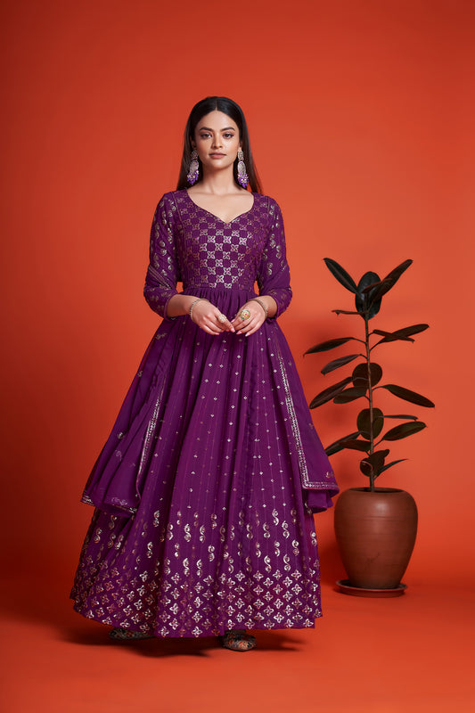 Purple Sequins Embroidery Georgette Anarkali for Mehendi