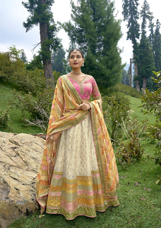Pink and White Silk Gota Embroidered Wedding Guest Lehenga Choli