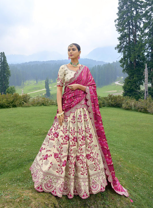Cream and Dark Pink Silk Gota Embroidered Wedding Lehenga