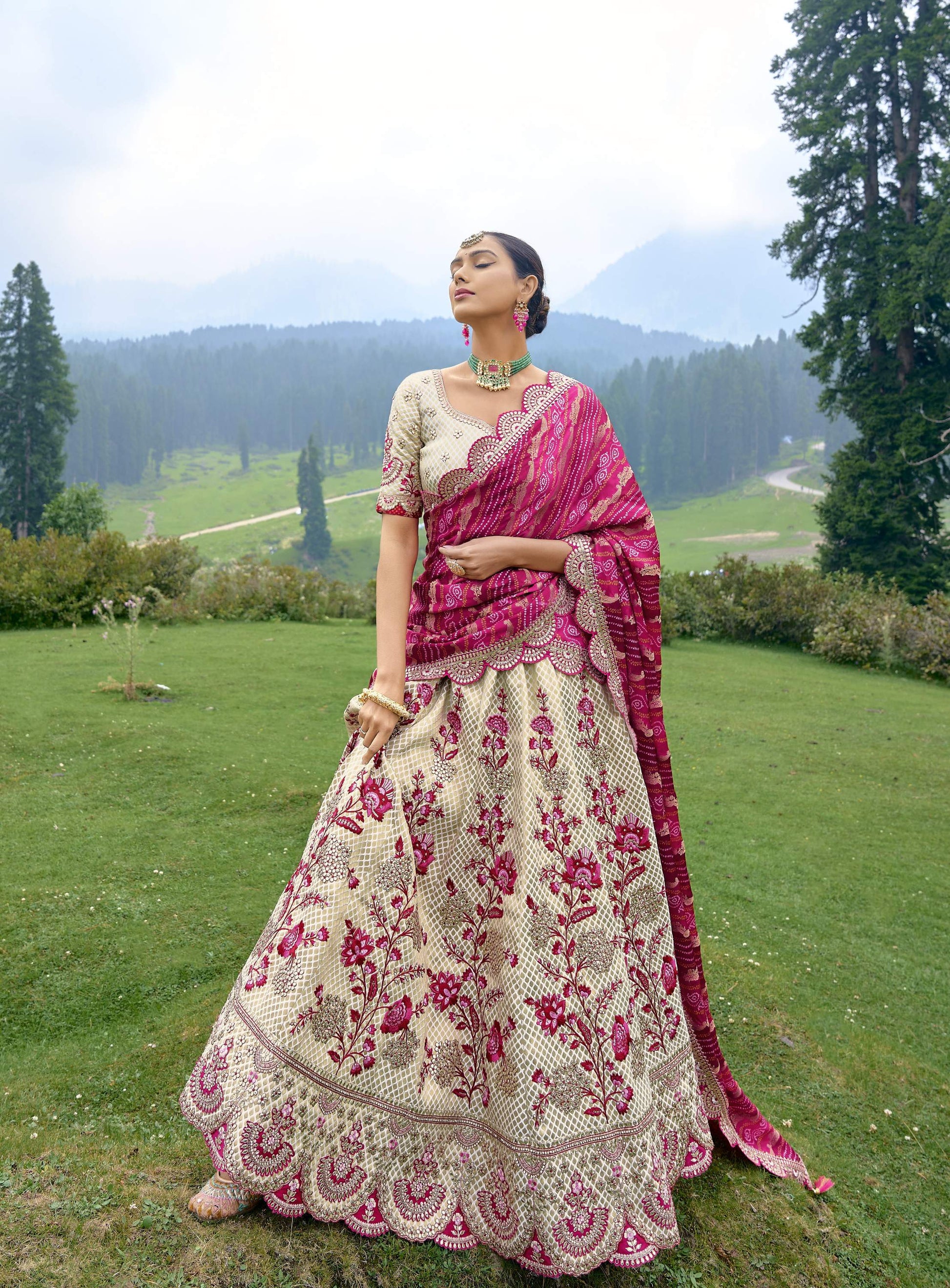 Cream and Dark Pink Silk Gota Embroidered Bridesmaid Lehenga Choli