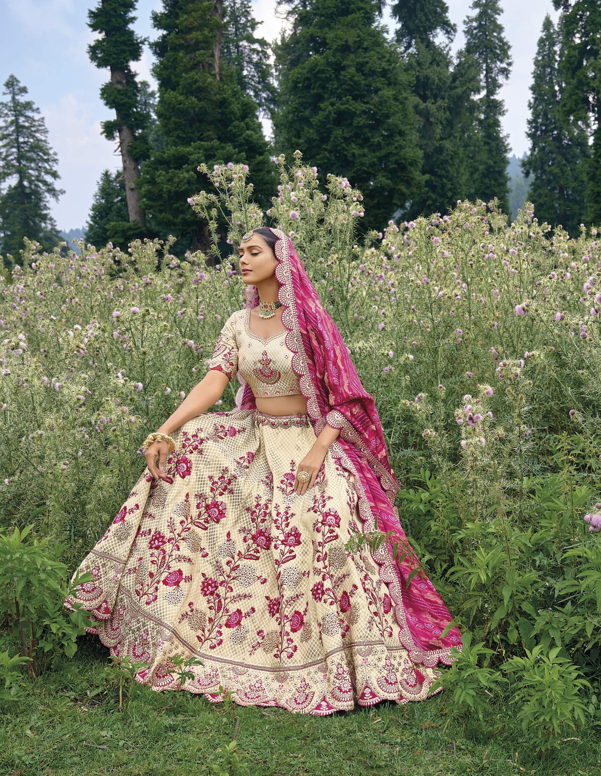 Cream and Dark Pink Silk Gota Embroidered Bridesmaid Lehenga Choli