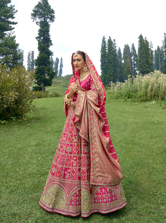Dark Pink Silk Gota Embroidered Bridal Lehenga Choli