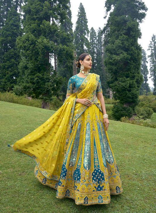 Yellow and Blue Silk Gota Embroidered Wedding Lehenga