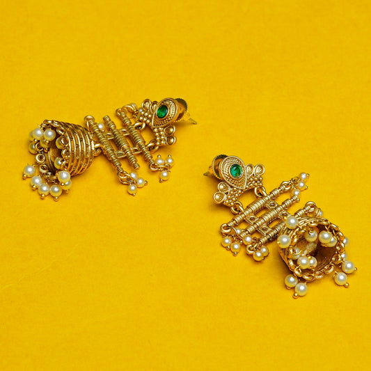 Zevar Club 18K Gold-Plated Green Kundan Studded Layered Traditional Jhumka Earrings with Pearls