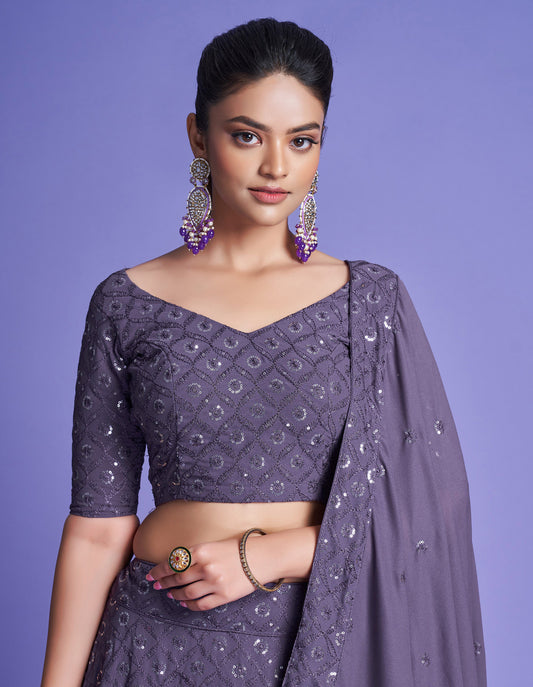 Purple Diamond Georgette Sequins Work Mehendi Lehenga