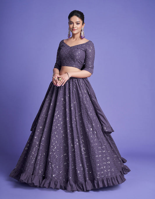 Purple Diamond Georgette Sequins Work Mehendi Lehenga
