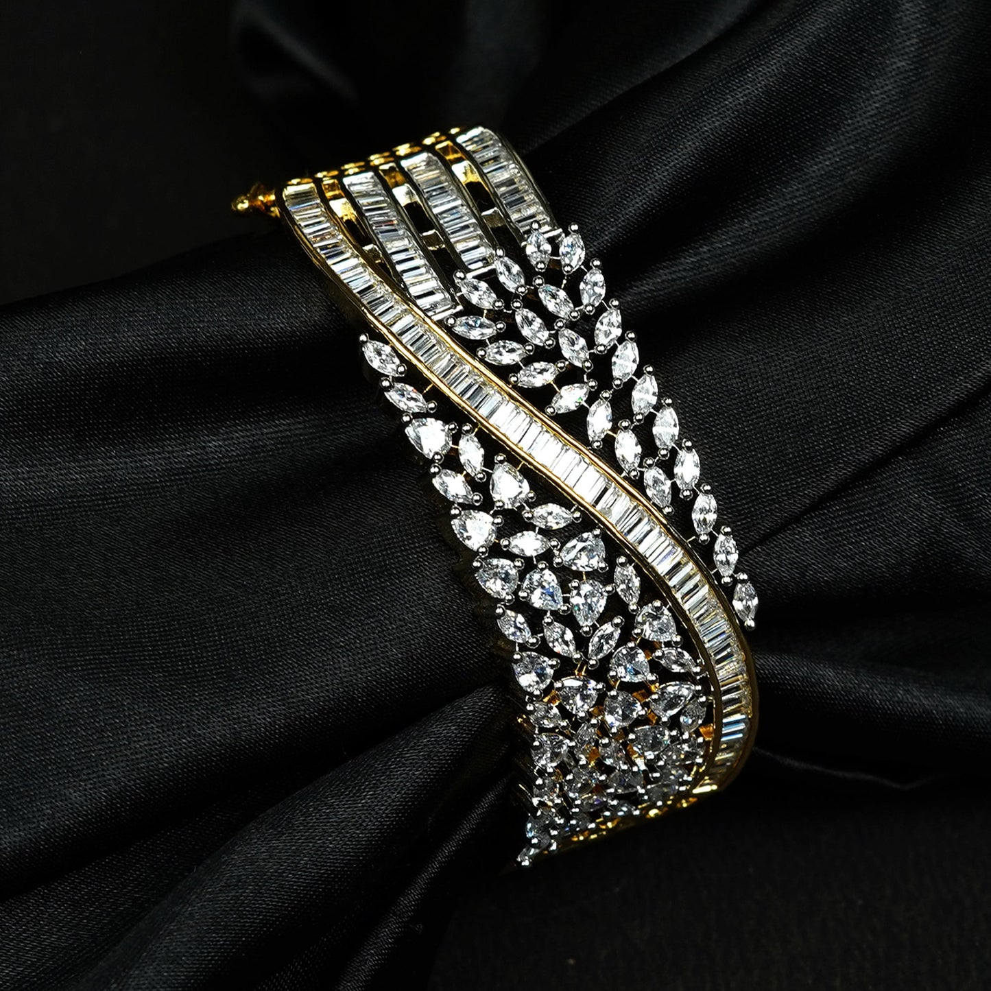 Zevar Club 22K Gold-Plated Handcrafted Statement Bracelet with AAA Cubic Zirconia Leaf Cluster Design