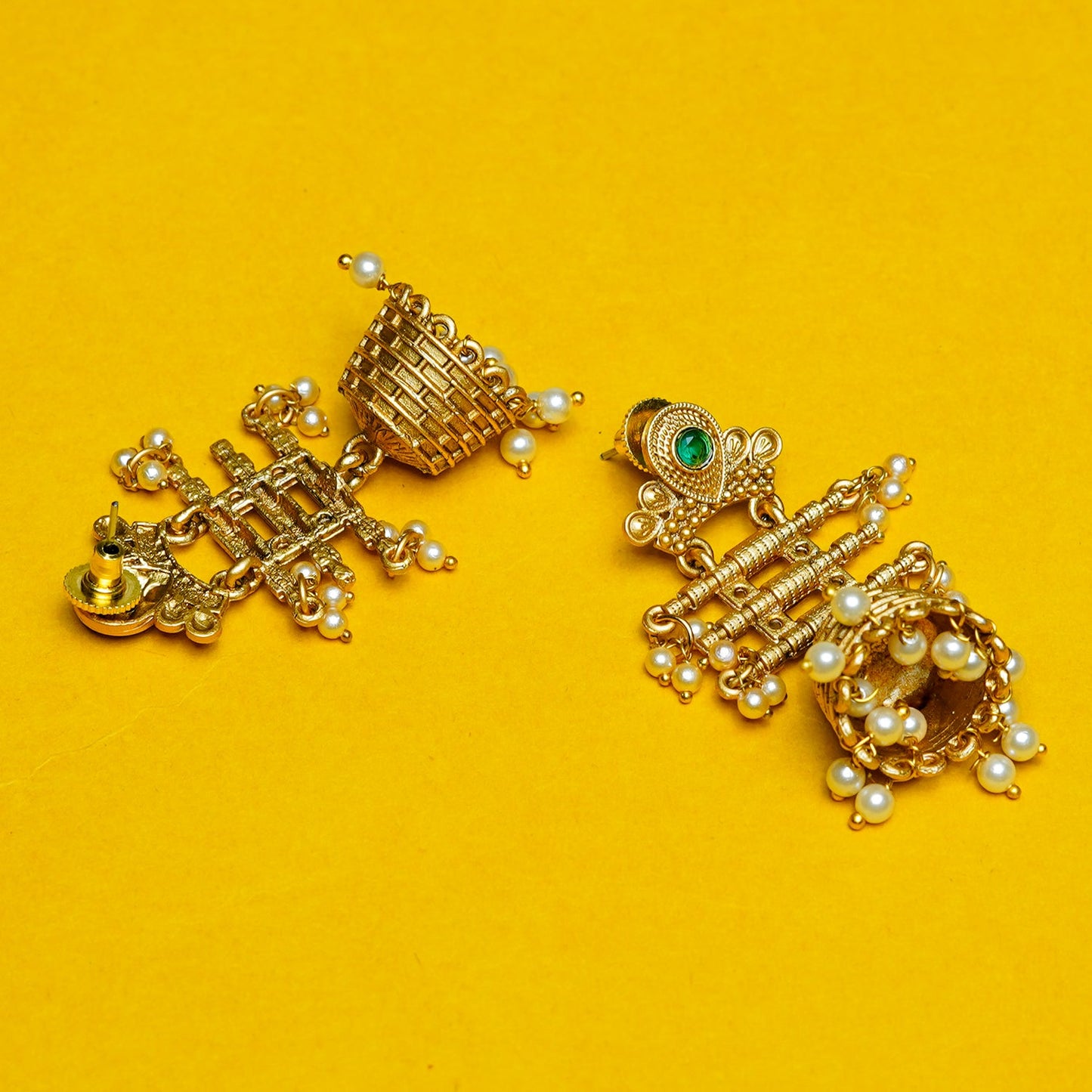 Zevar Club 18K Gold-Plated White Kundan Studded Layered Traditional Jhumka Earrings with Pearls