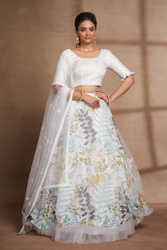 White Organza & Net Sequins Embroidery Engagement Lehenga