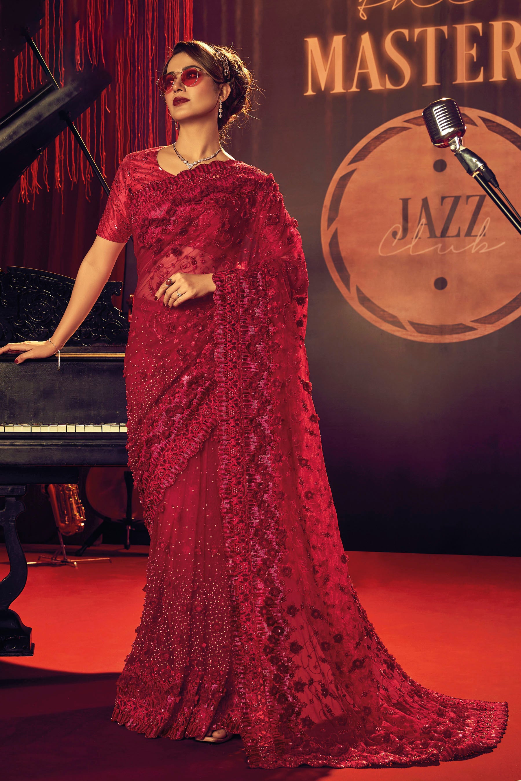 Red Floral Embroidery Digital Net Saree for Cocktail