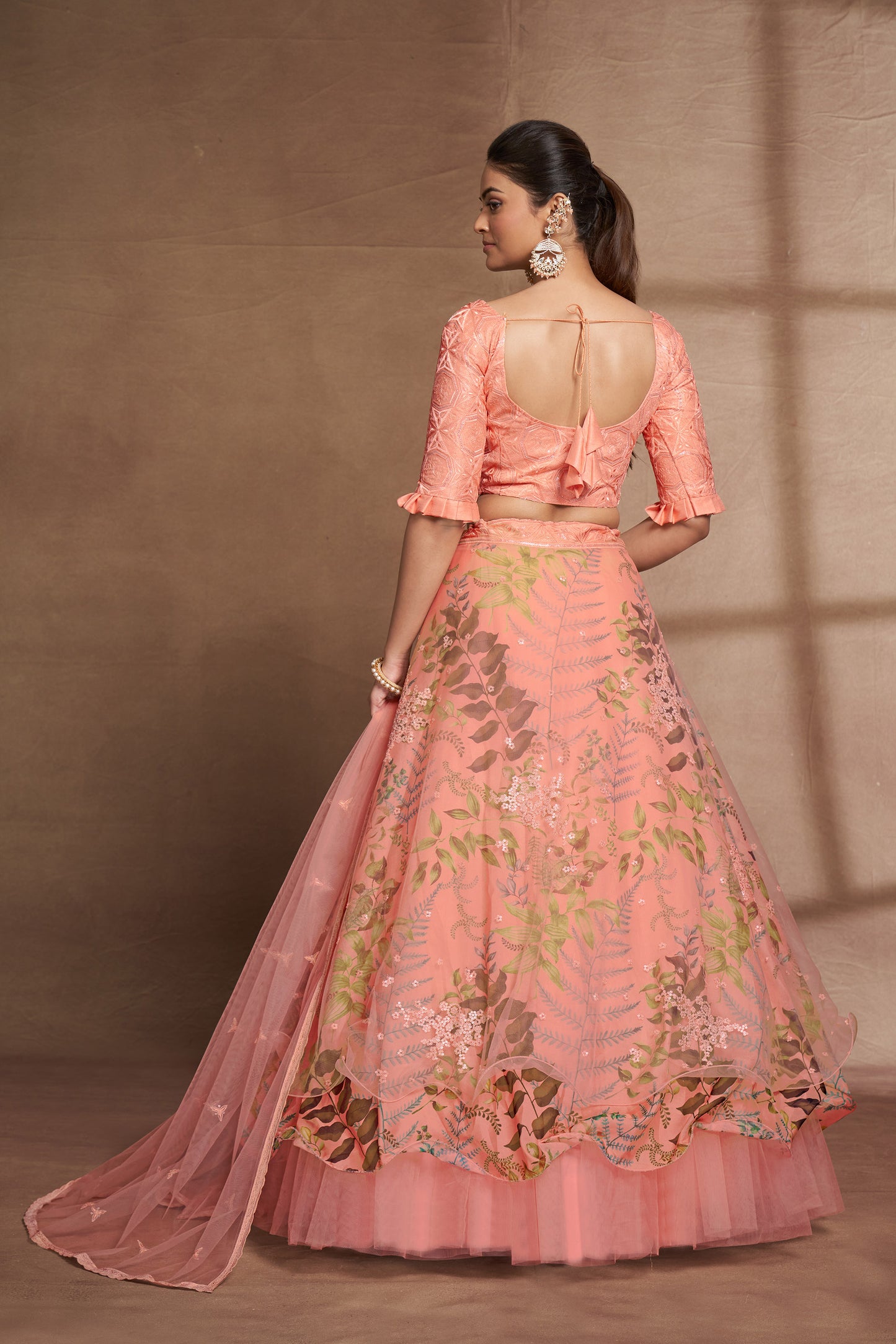Peach Organza & Net Sequins Embroidery Party Wear Lehenga