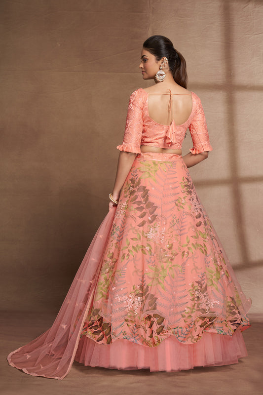Peach Organza & Net Sequins Embroidery Party Wear Lehenga