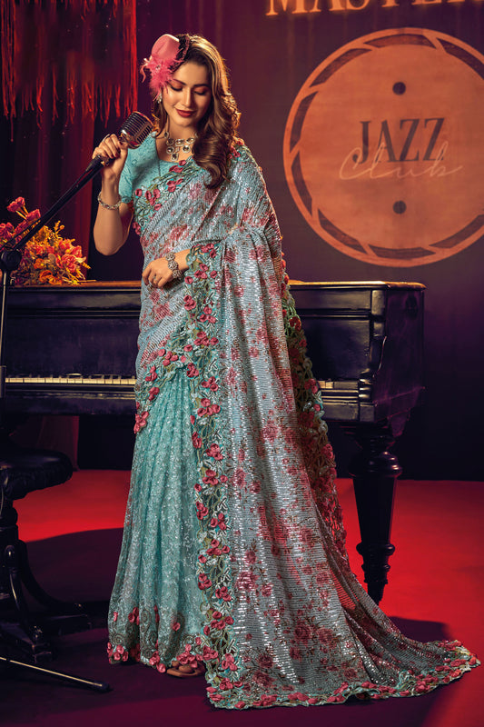 Sea Green Sequins Embroidery Net Saree for Cocktail