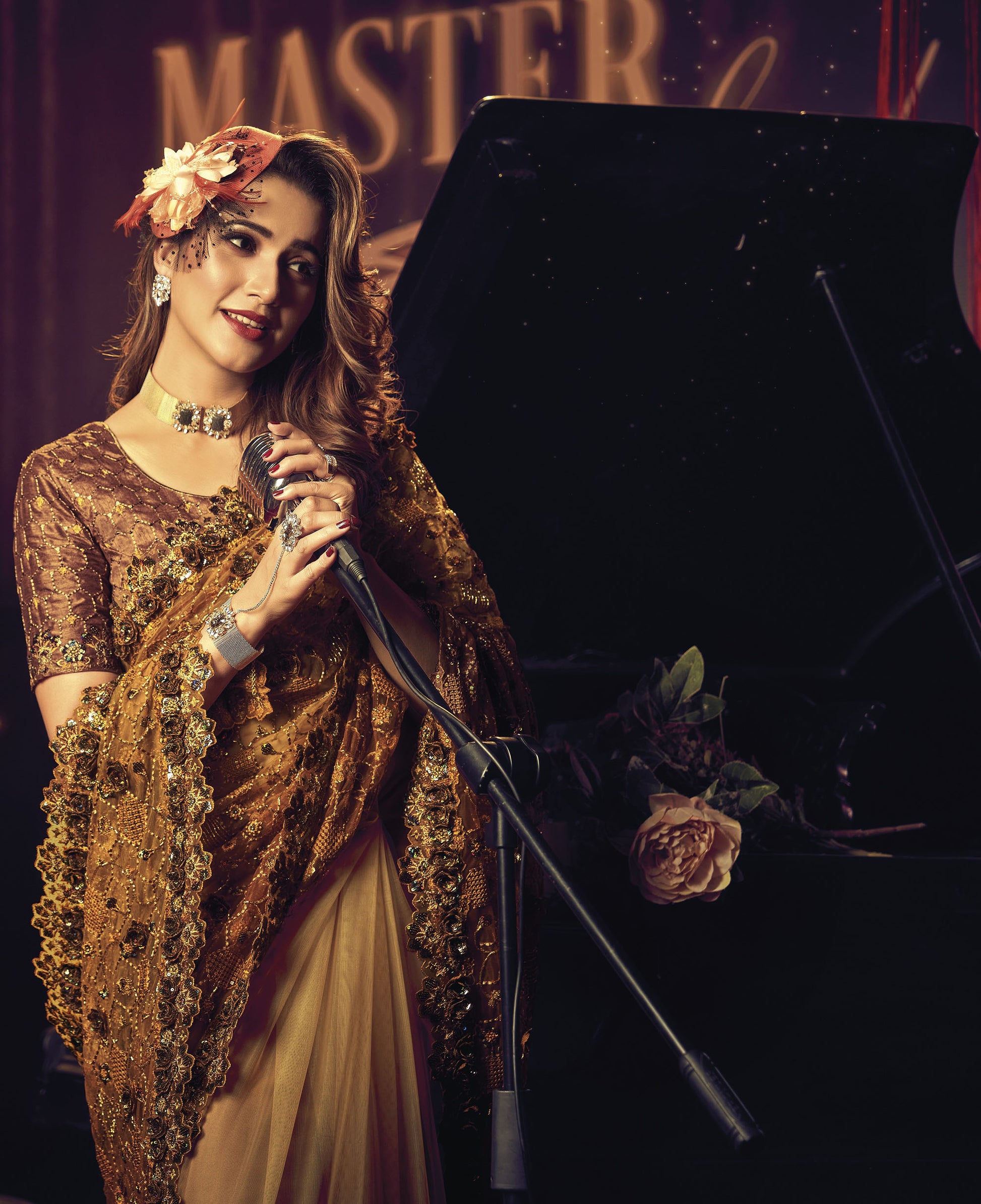 Brown Sequins Floral Embroidery Digital Net Saree for Cocktail