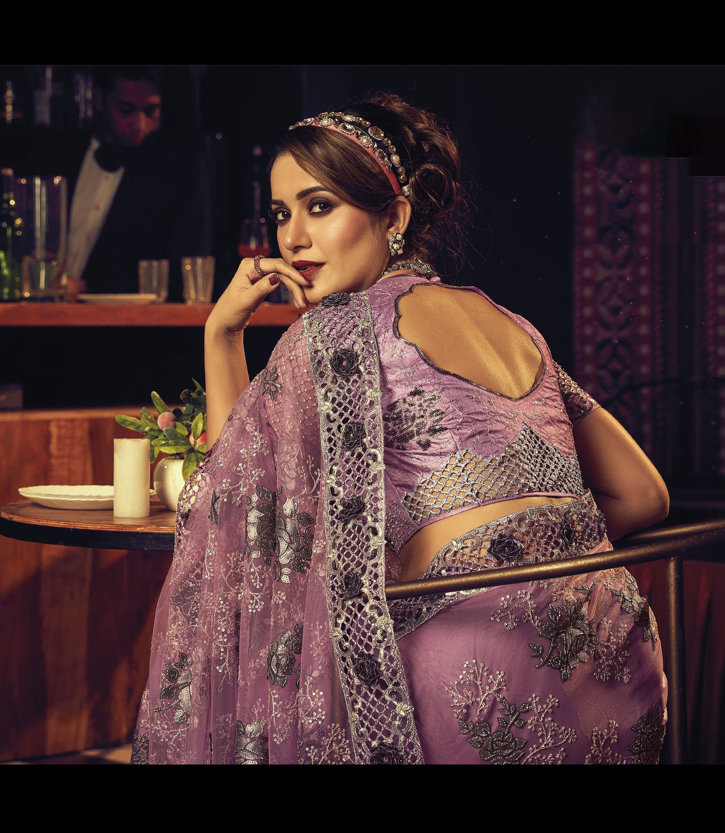 Pink Digital Floral Embroidery Digital Net Saree for Cocktail