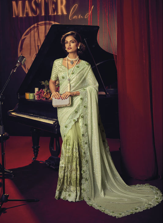 Pista Green Digital Floral Embroidery Digital Net Saree for Cocktail