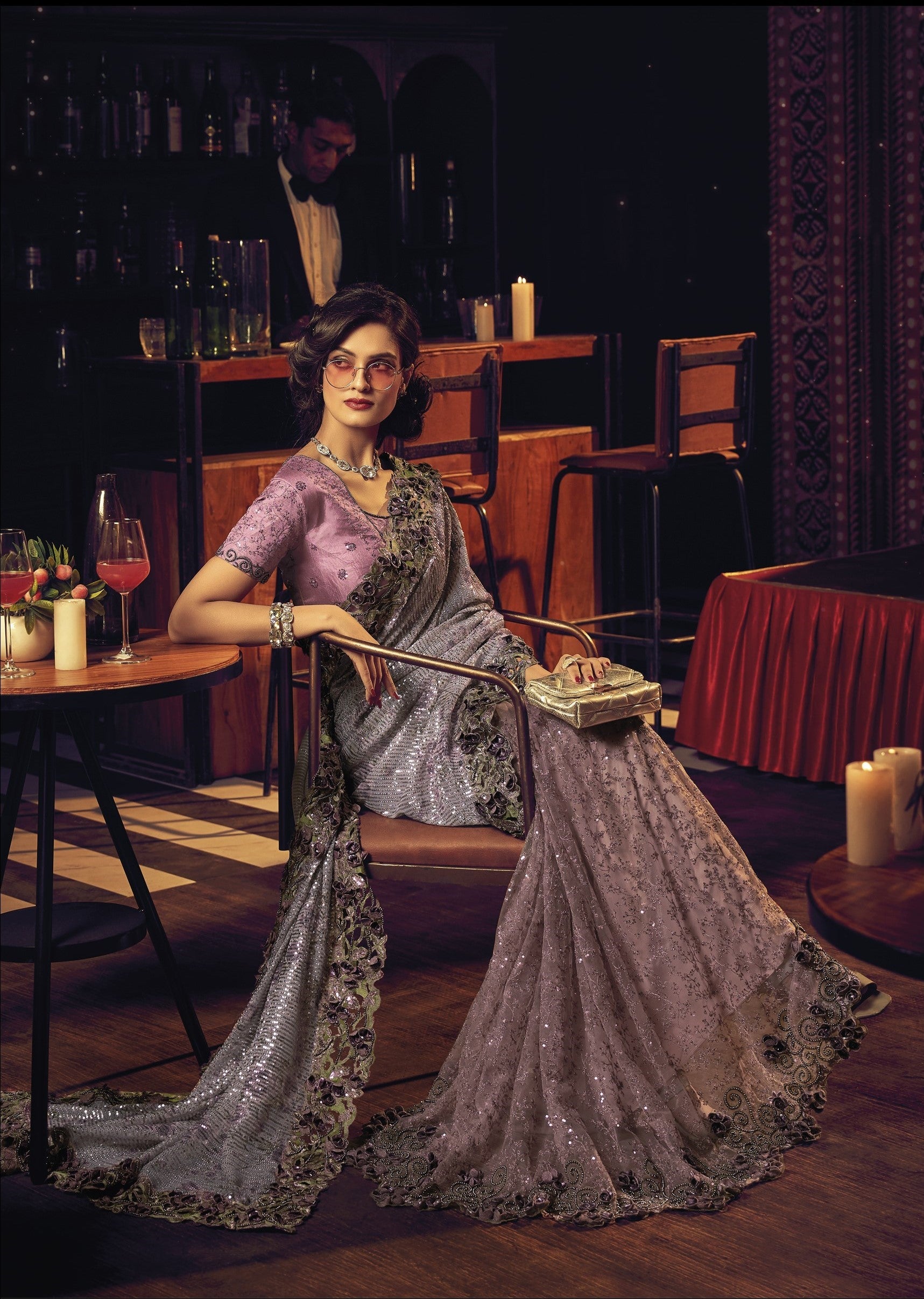Purple Sequins Embroidery Digital Net Saree for Cocktail