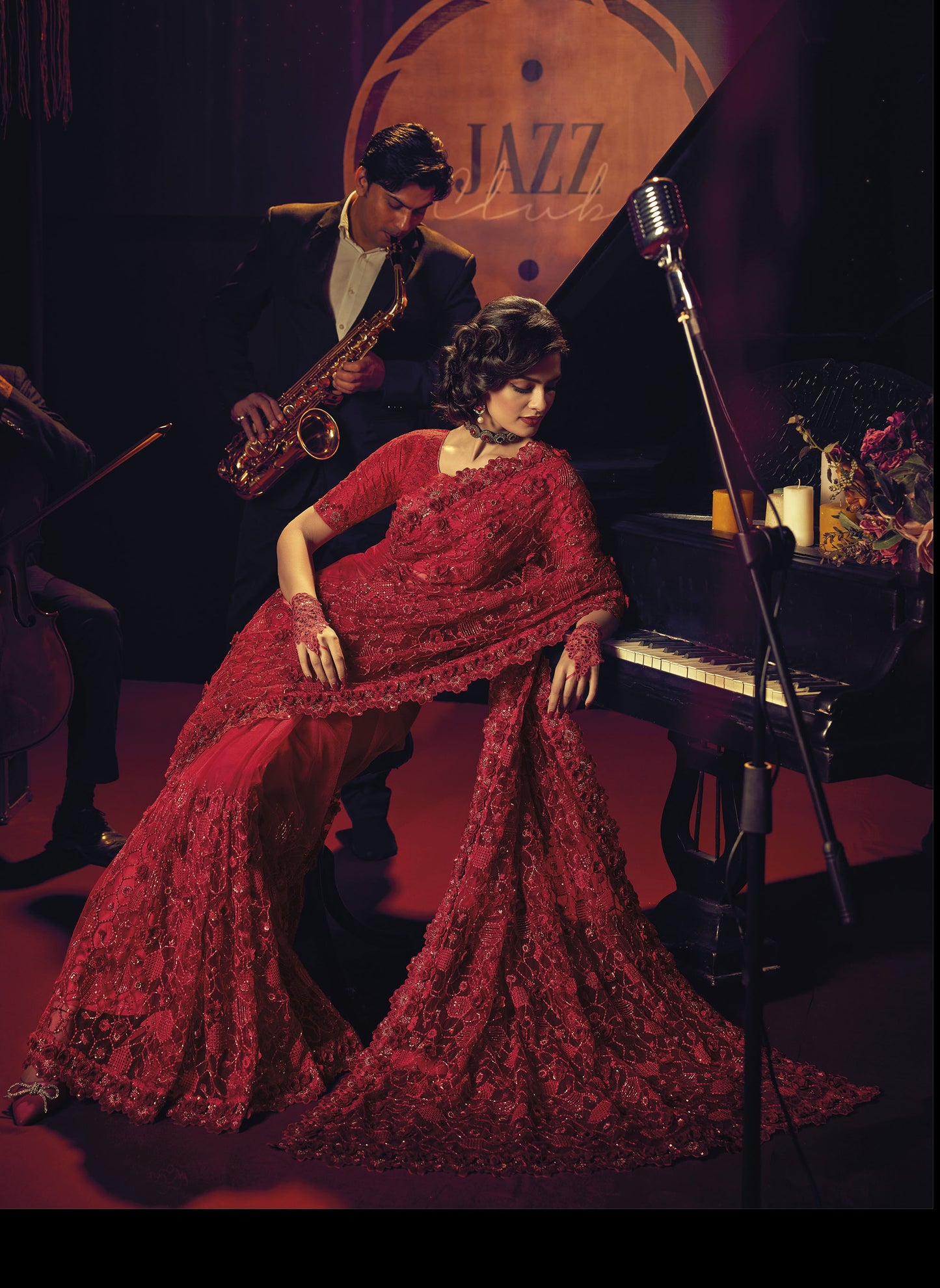 Red Sequins Cutdana Embroidery Net Saree for Cocktail