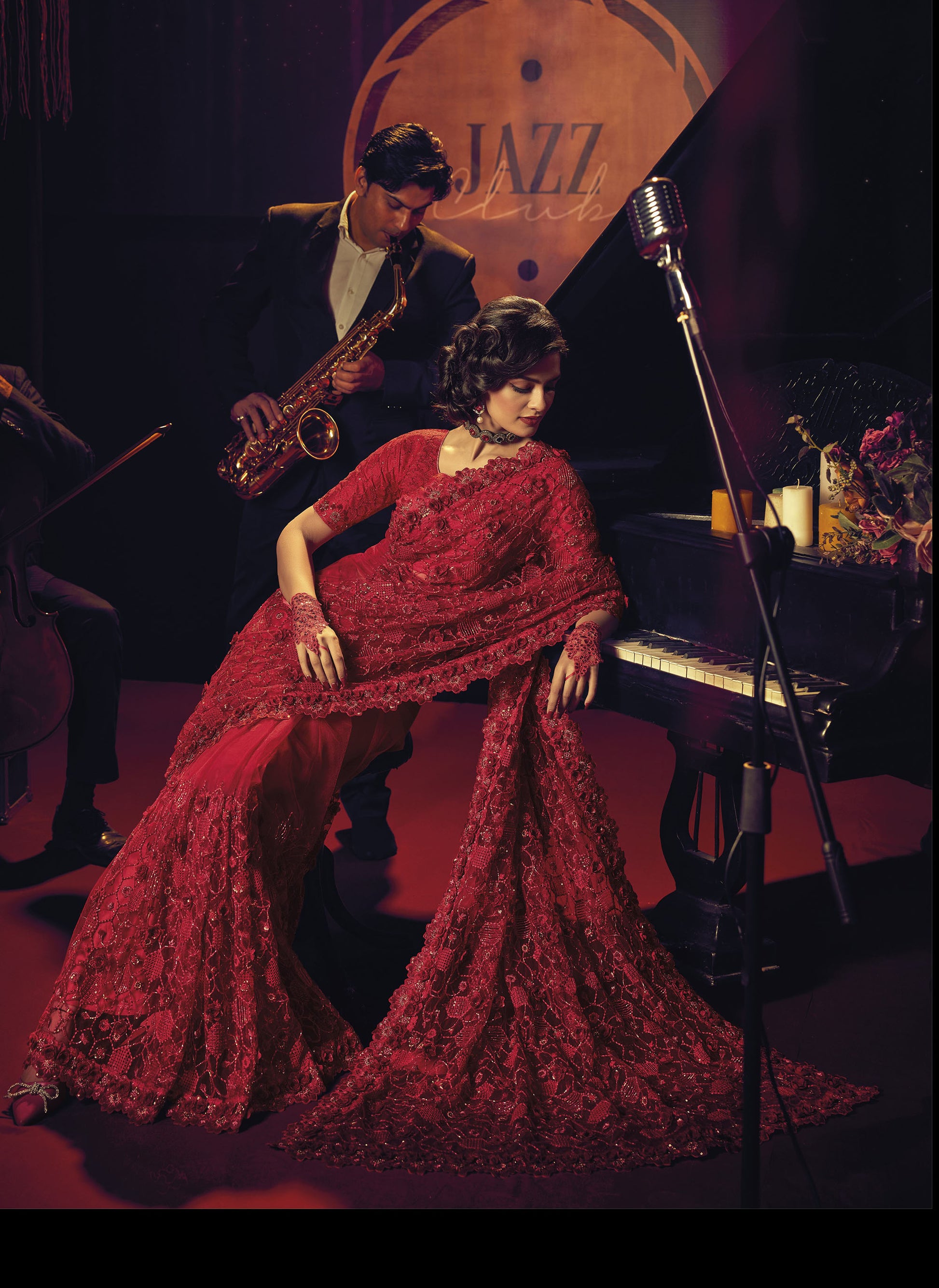 Red Sequins Cutdana Embroidery Net Saree for Cocktail