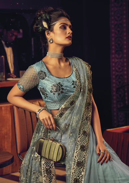 Sea Green Sequins Heavy Floral Embroidery Net Party Wear Saree